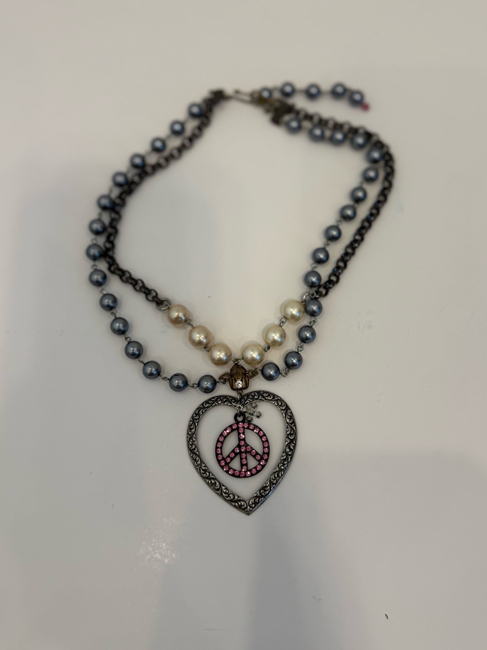Y2K FAITH Peace Love Cherub Faux Pearl Beaded Necklace Unique Eclectic